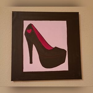 Black Platform Pump With Heart Acrylic Painting On Canvas Wall Decor 12x12"